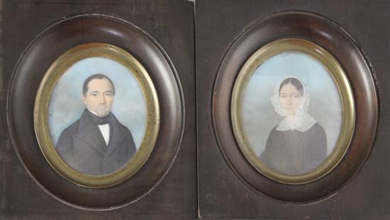 Jean Daniel Beyer, pair of oils on ivory, Miniature portraits of a lady and gentleman height 9cm